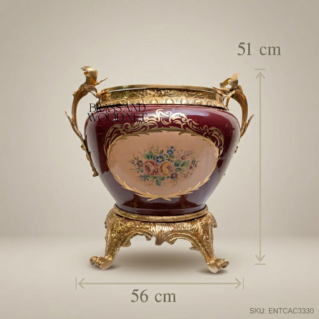 Louis XV Rococo Burgundy Porcelain & Gilt Brass Cachepot with Bird Handles