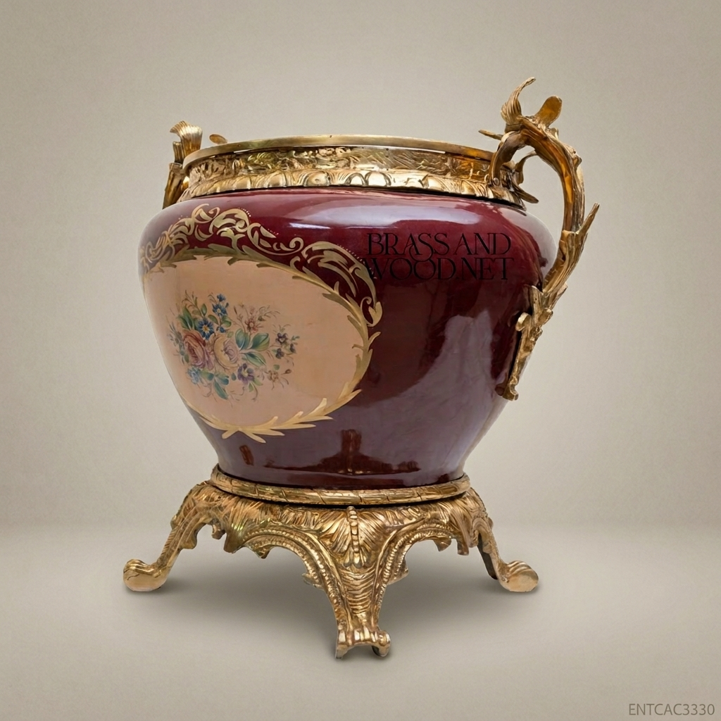 Louis XV Rococo Burgundy Porcelain & Gilt Brass Cachepot with Bird Handles