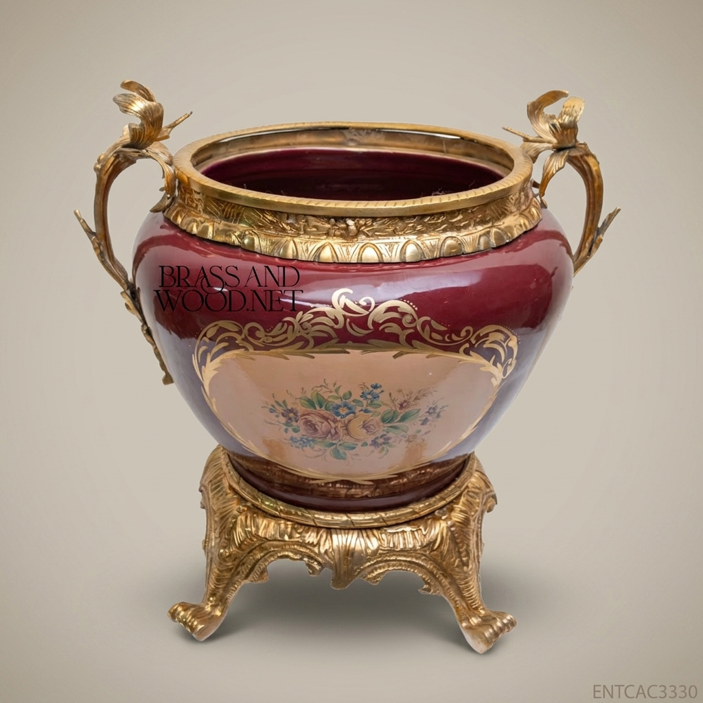 Louis XV Rococo Burgundy Porcelain & Gilt Brass Cachepot with Bird Handles