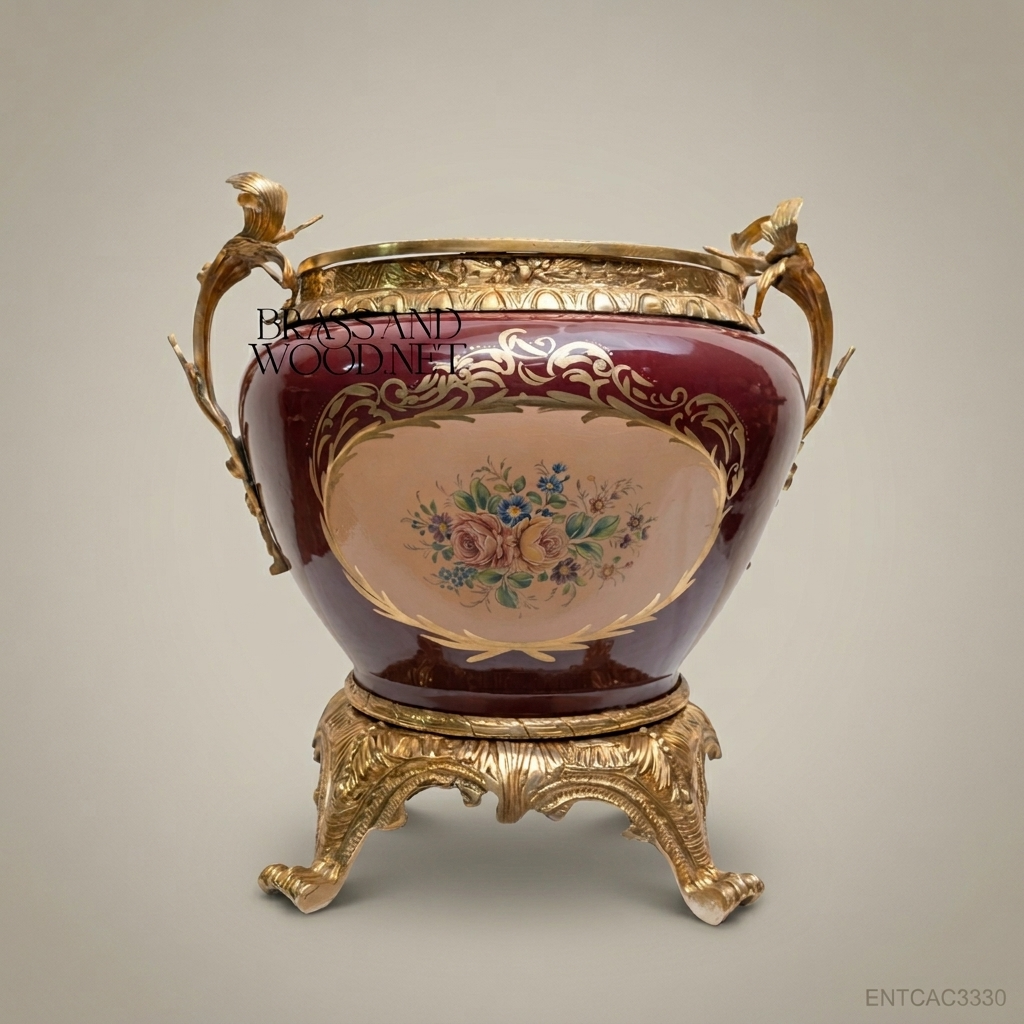 Louis XV Rococo Burgundy Porcelain & Gilt Brass Cachepot with Bird Handles