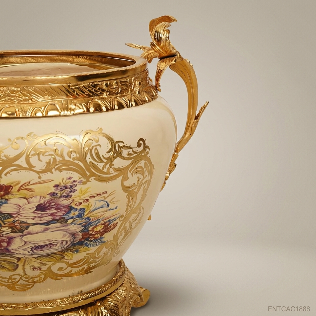 Napoleon III Rococo Revival Ceramic Jardinière with Gilt Brass Mounts & Floral Cartouche