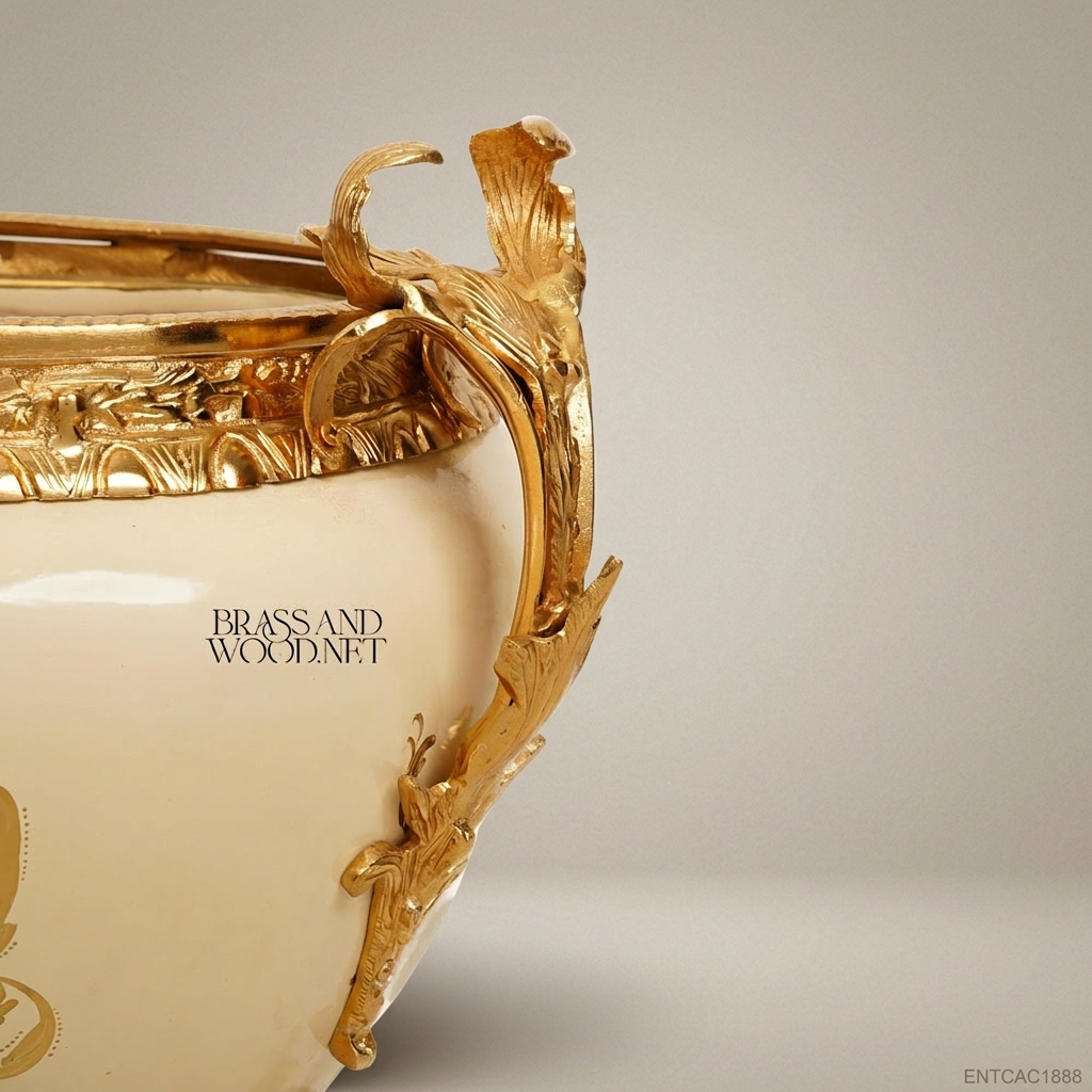 Napoleon III Rococo Revival Ceramic Jardinière with Gilt Brass Mounts & Floral Cartouche