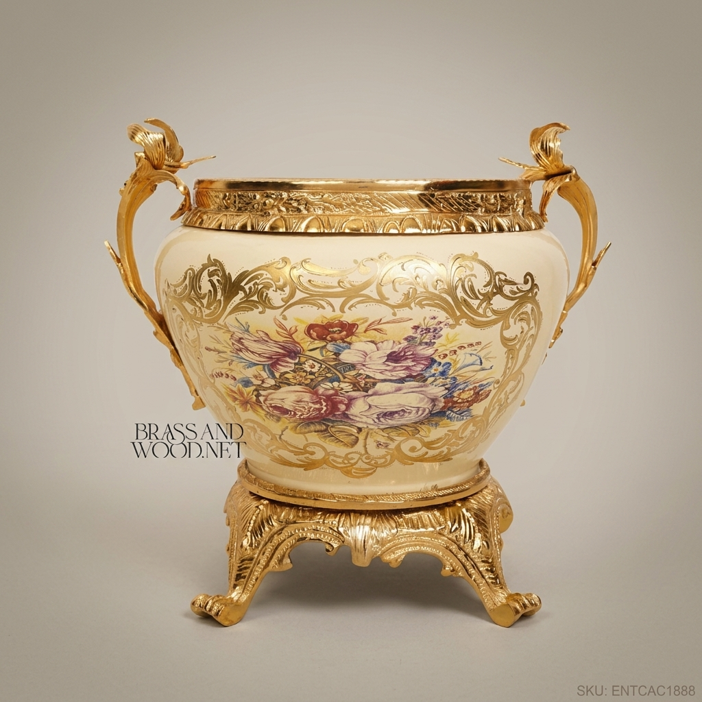 Napoleon III Rococo Revival Ceramic Jardinière with Gilt Brass Mounts & Floral Cartouche