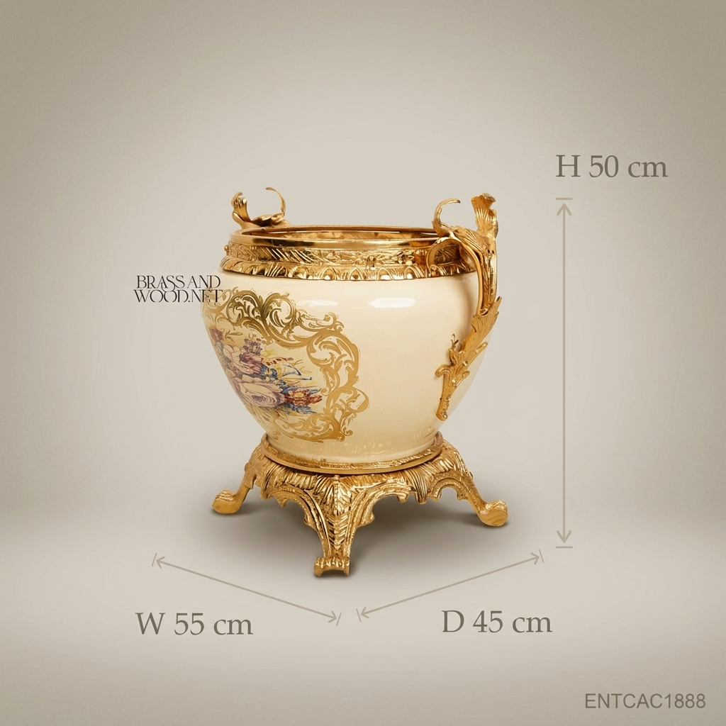 Napoleon III Rococo Revival Ceramic Jardinière with Gilt Brass Mounts & Floral Cartouche