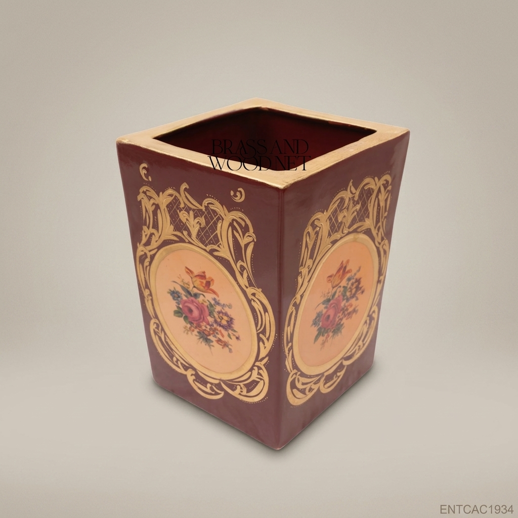 Napoleon III Rococo Revival Ceramic Planter — Claret & Antique Gold Floral Medallion