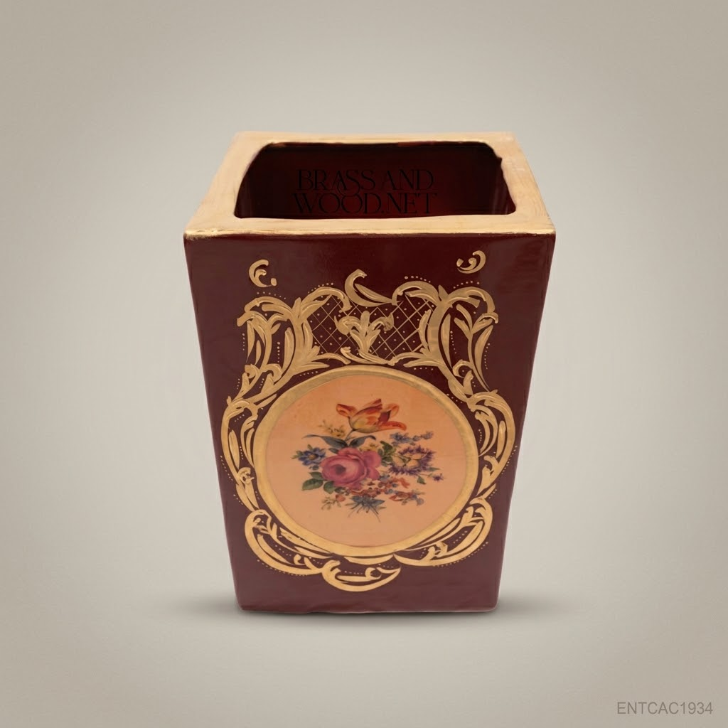 Napoleon III Rococo Revival Ceramic Planter — Claret & Antique Gold Floral Medallion