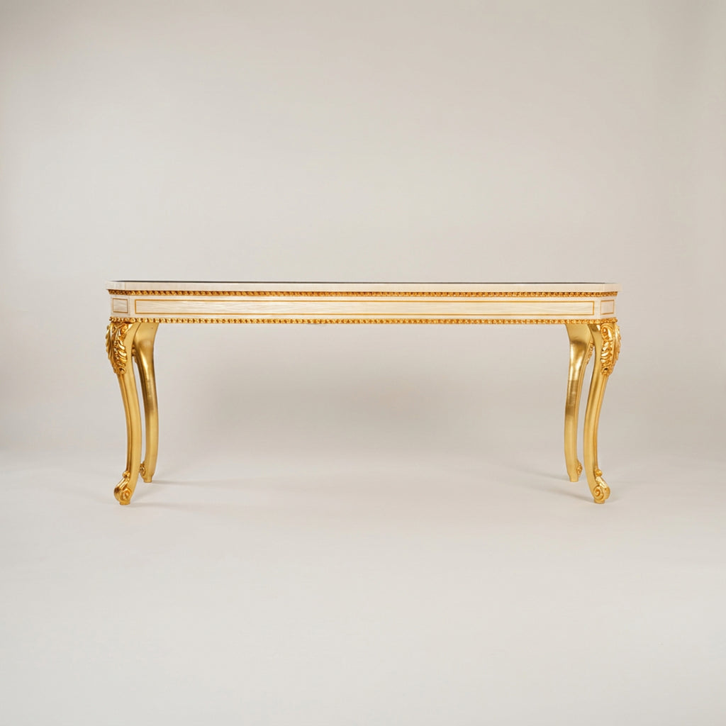 Napoleon III Rococo Revival console table off-white lacquered frame gilt cabriole legs natural mother-of-pearl arabesque inlay top Main View | Brass & Wood
