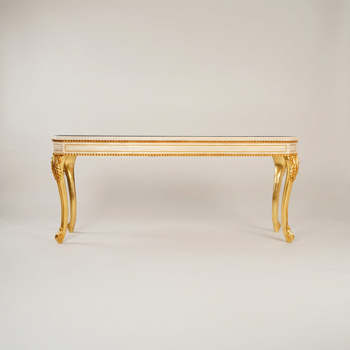 Napoleon III Rococo Revival console table off-white lacquered frame gilt cabriole legs natural mother-of-pearl arabesque inlay top Main View | Brass & Wood