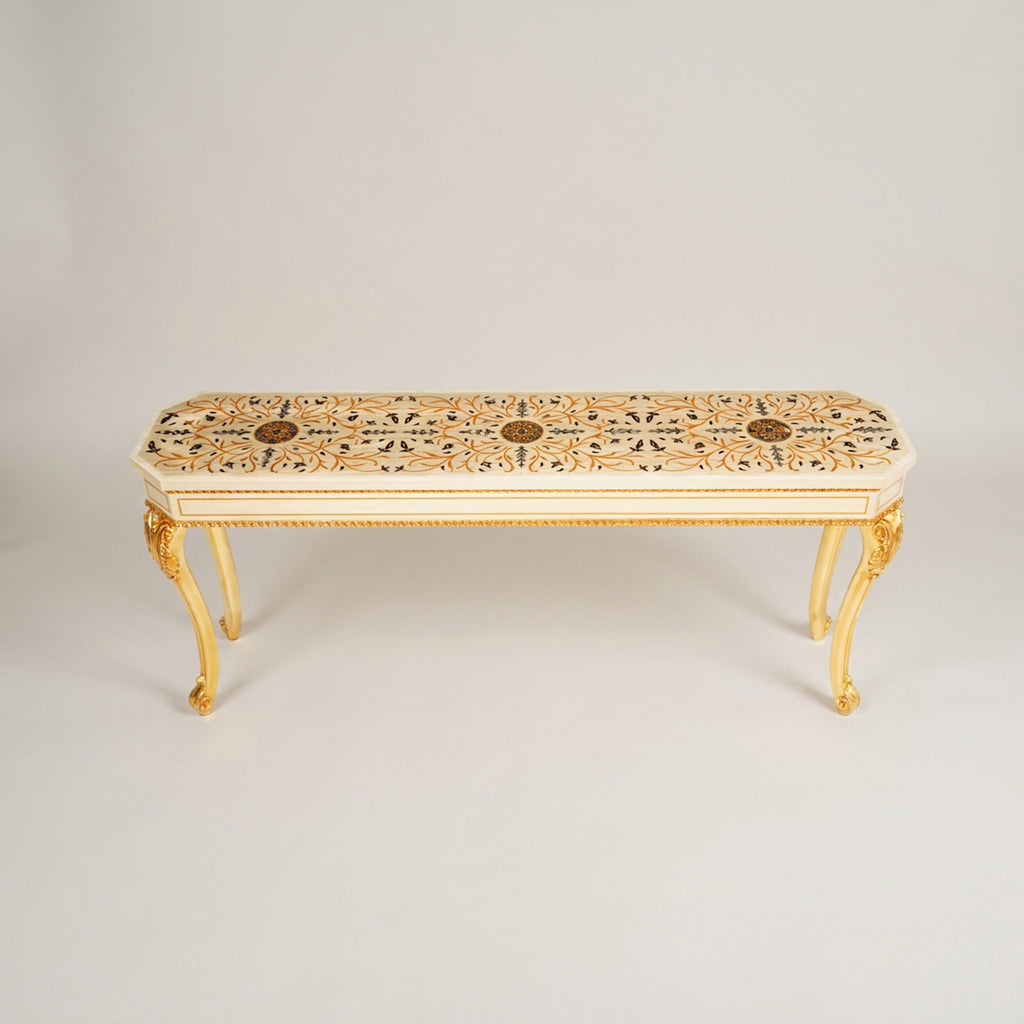 Napoleon III Rococo Revival console table off-white lacquered frame gilt cabriole legs natural mother-of-pearl arabesque inlay top View 2 | Brass & Wood