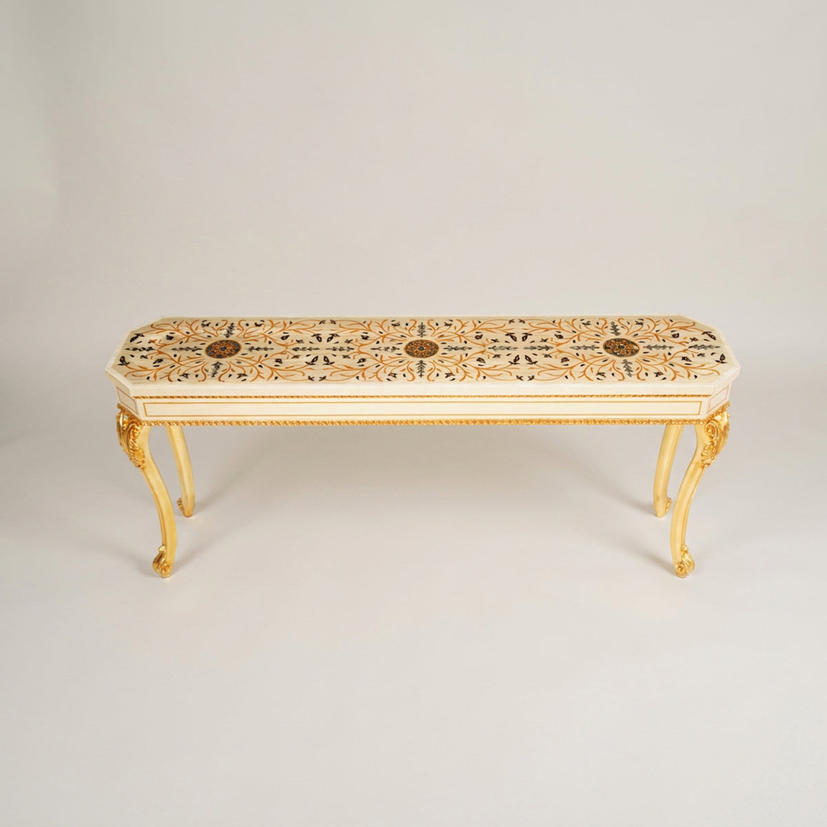 Napoleon III Rococo Revival console table off-white lacquered frame gilt cabriole legs natural mother-of-pearl arabesque inlay top View 2 | Brass & Wood