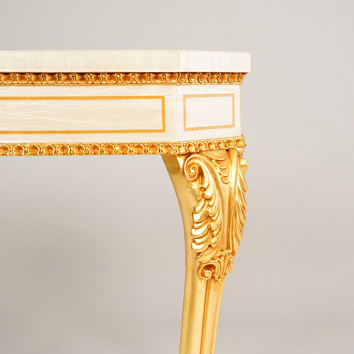 Napoleon III Rococo Revival console table off-white lacquered frame gilt cabriole legs natural mother-of-pearl arabesque inlay top View 3 | Brass & Wood