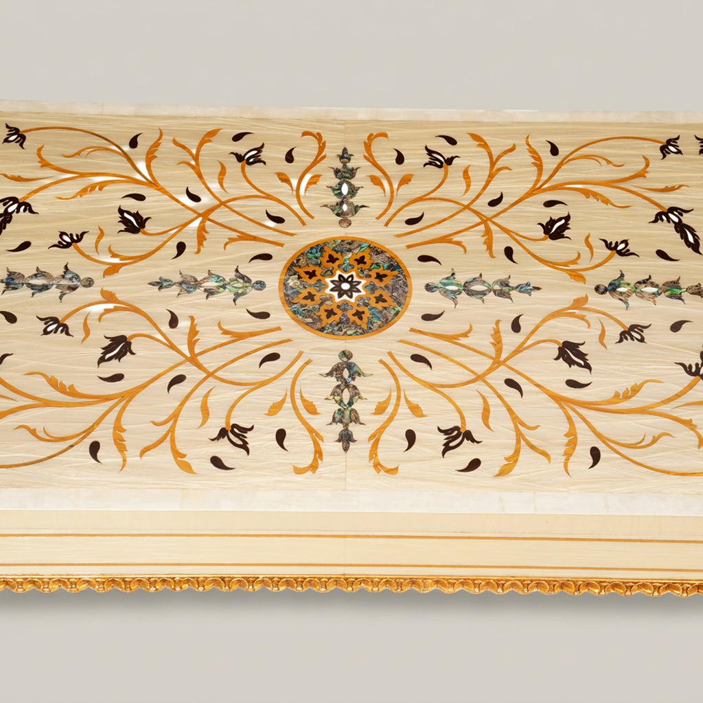 Napoleon III Rococo Revival console table off-white lacquered frame gilt cabriole legs natural mother-of-pearl arabesque inlay top View 4 | Brass & Wood