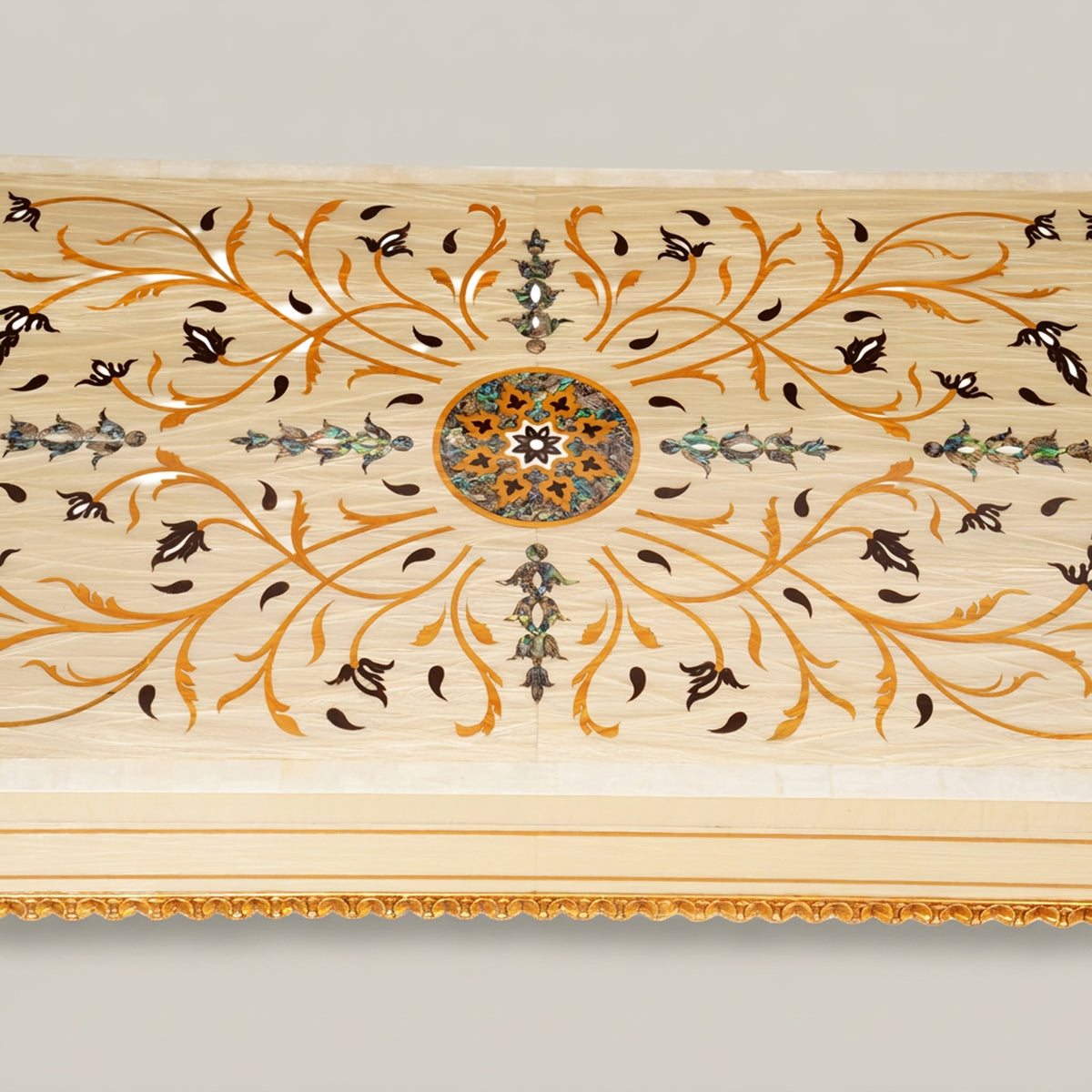 Napoleon III Rococo Revival console table off-white lacquered frame gilt cabriole legs natural mother-of-pearl arabesque inlay top View 4 | Brass & Wood