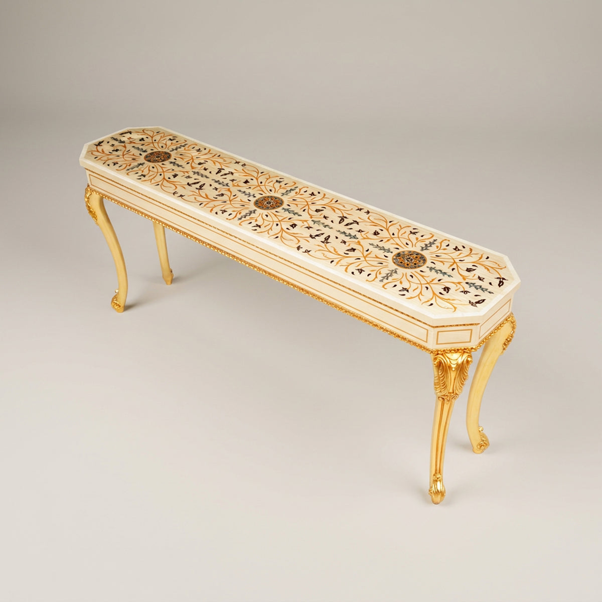 Napoleon III Rococo Revival console table off-white lacquered frame gilt cabriole legs natural mother-of-pearl arabesque inlay top View 5 | Brass & Wood