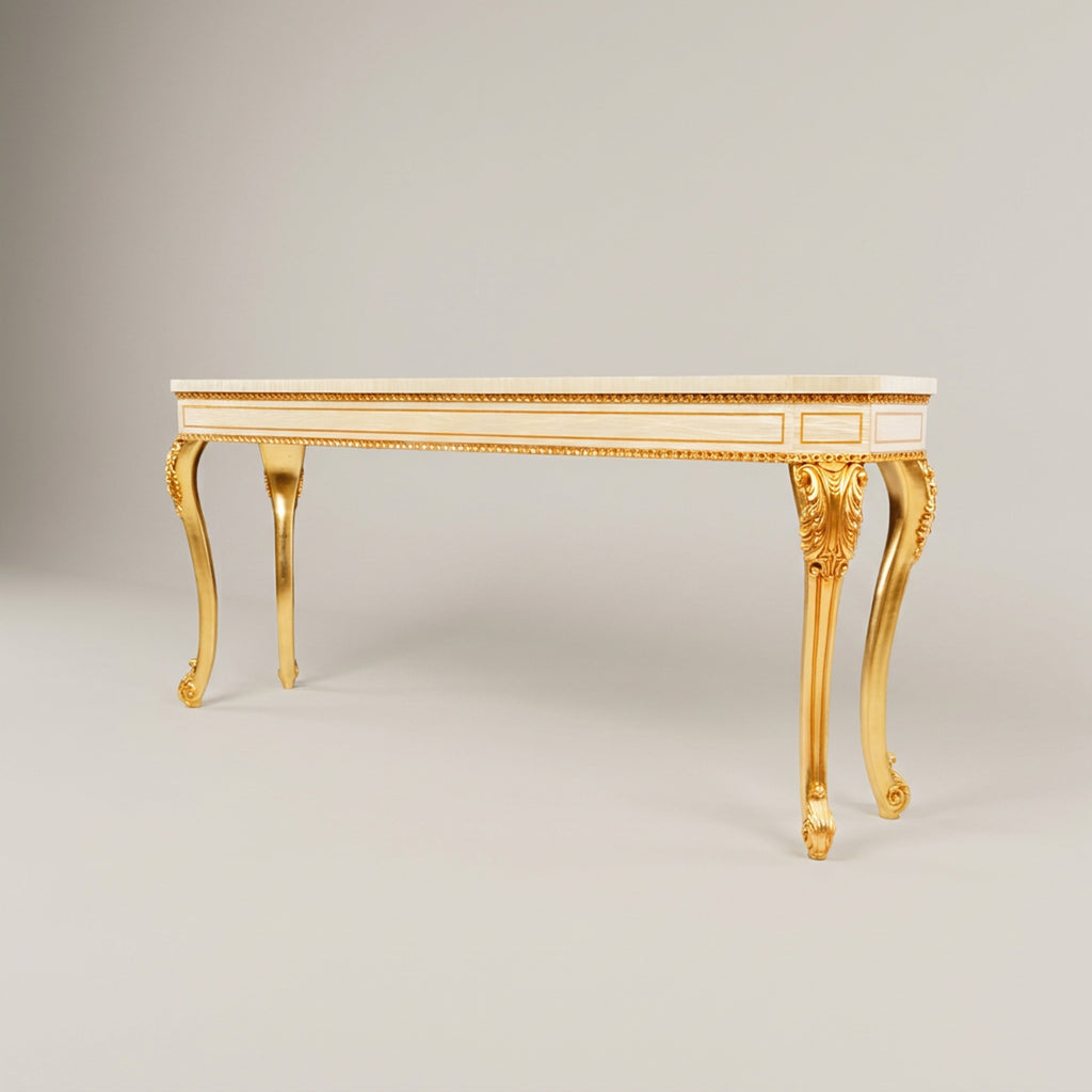 Napoleon III Rococo Revival console table off-white lacquered frame gilt cabriole legs natural mother-of-pearl arabesque inlay top View 6 | Brass & Wood