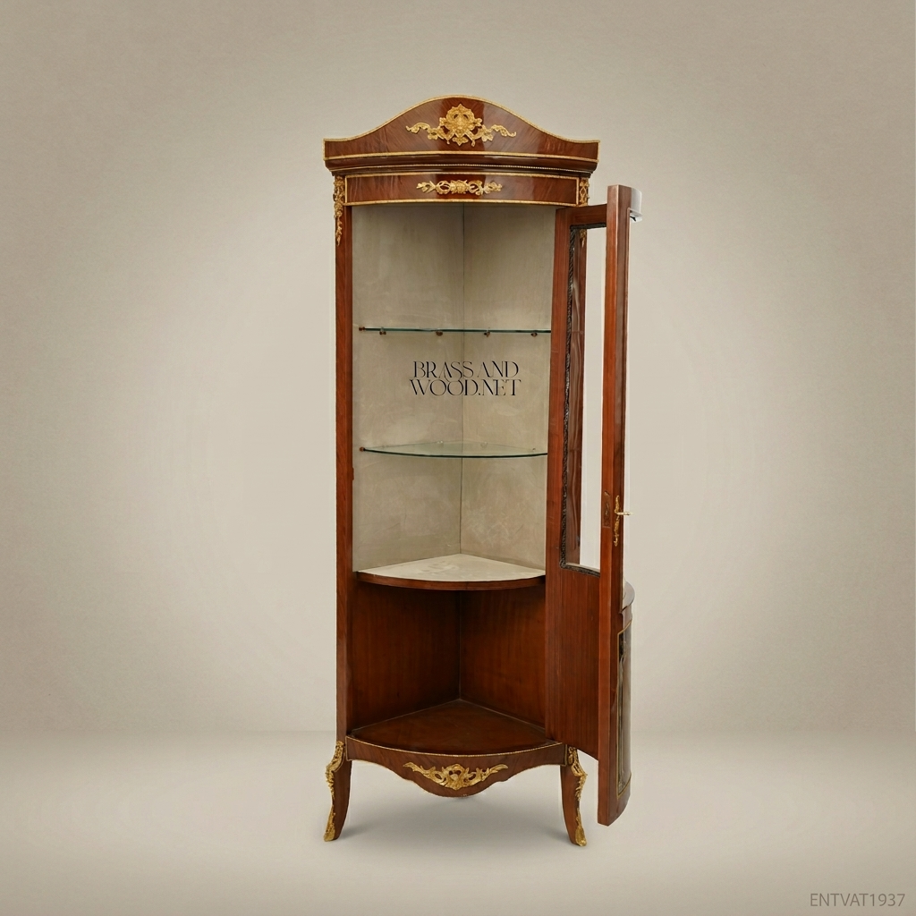 Napoleon III Rococo Revival Corner Vitrine with Gilt Mounts & Floral Marquetry