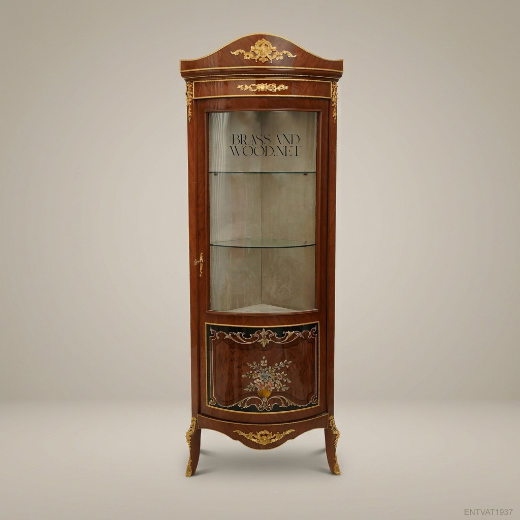 Napoleon III Rococo Revival Corner Vitrine with Gilt Mounts & Floral Marquetry