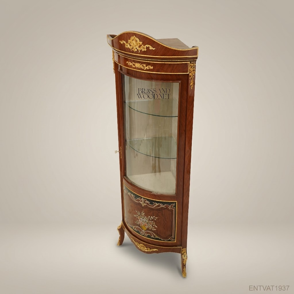 Napoleon III Rococo Revival Corner Vitrine with Gilt Mounts & Floral Marquetry