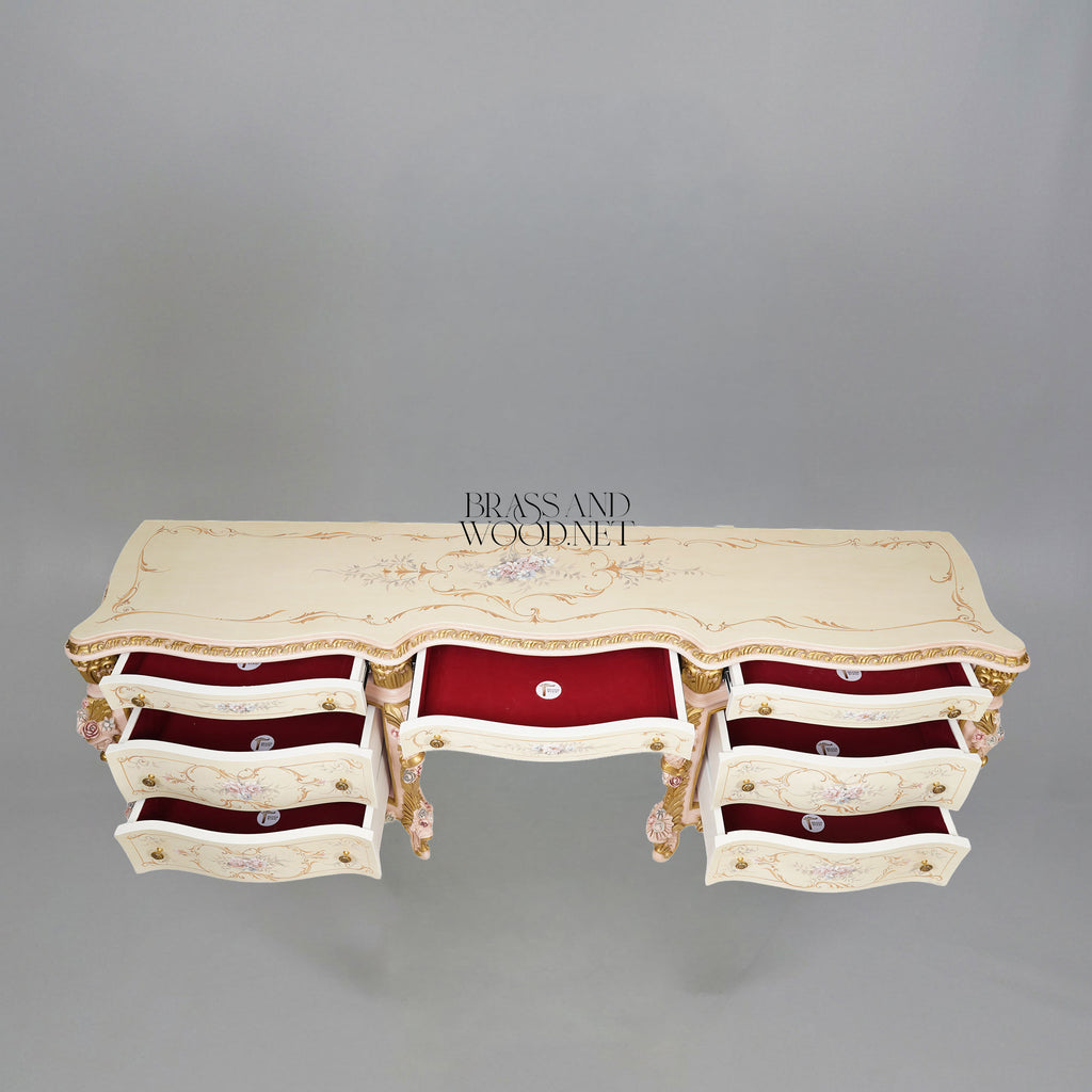 Napoleon III Rococo Revival Hand-Painted Bedroom Set — Ivory Lacquer with Sculpted Rose Appliqués