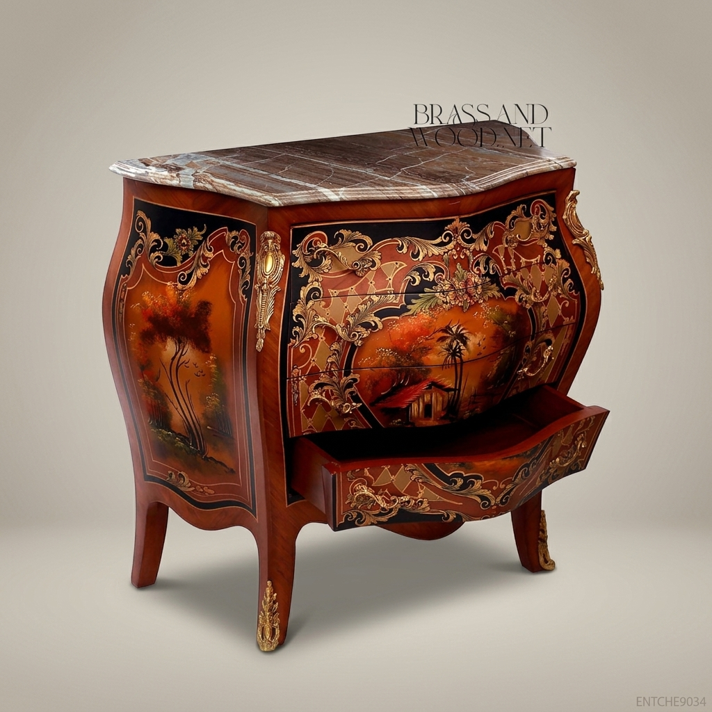 Louis XV Bombe Commode with Hand-Painted Chinoiserie & Marble Top