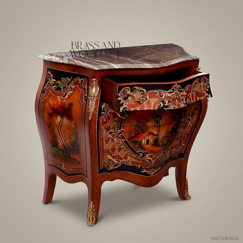 Louis XV Bombe Commode with Hand-Painted Chinoiserie & Marble Top