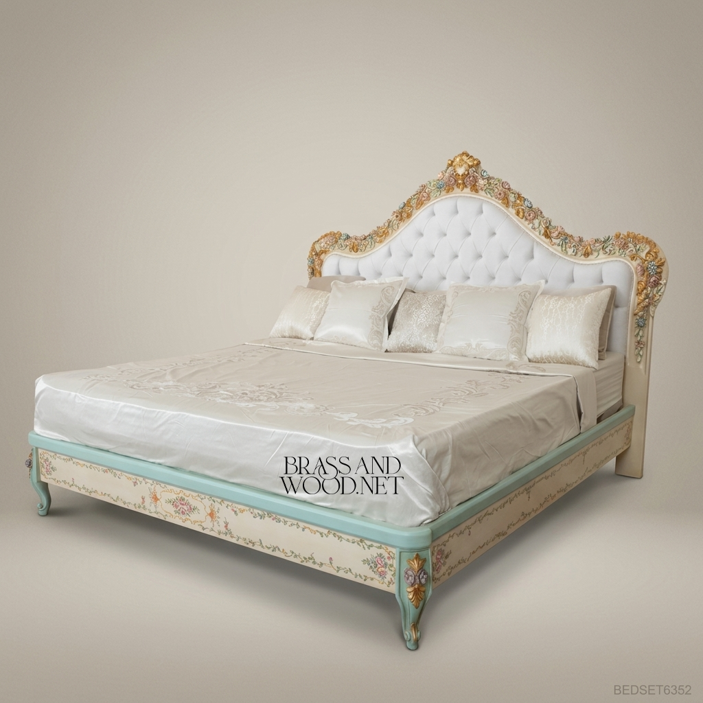 Napoleon III Rococo Revival Hand-Painted King Bed with Gold-Leaf Carved Crest & Tufted Headboard