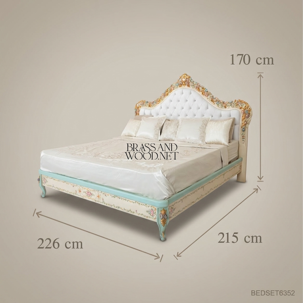 Napoleon III Rococo Revival Hand-Painted King Bed with Gold-Leaf Carved Crest & Tufted Headboard