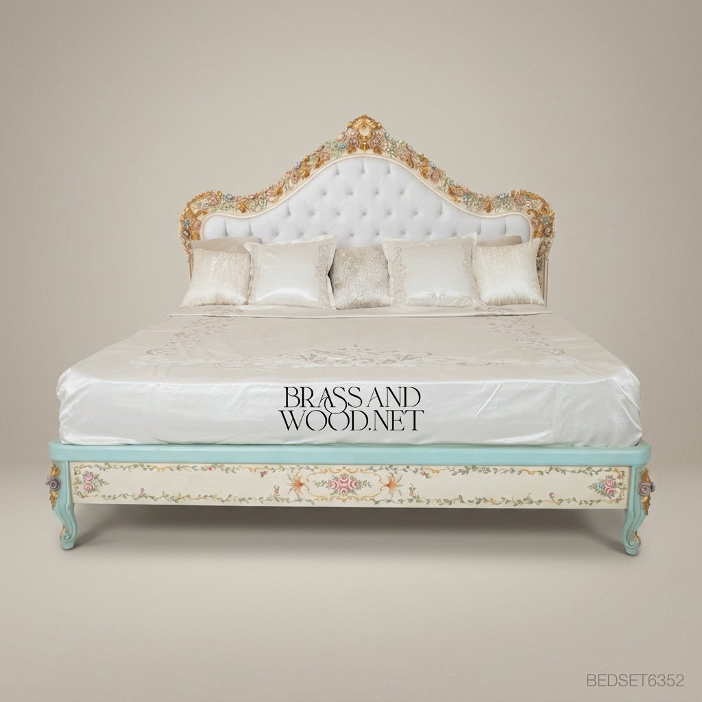 Napoleon III Rococo Revival Hand-Painted King Bed with Gold-Leaf Carved Crest & Tufted Headboard