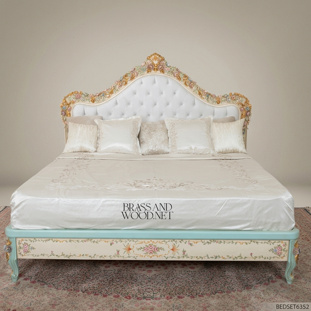Napoleon III Rococo Revival Hand-Painted King Bed with Gold-Leaf Carved Crest & Tufted Headboard