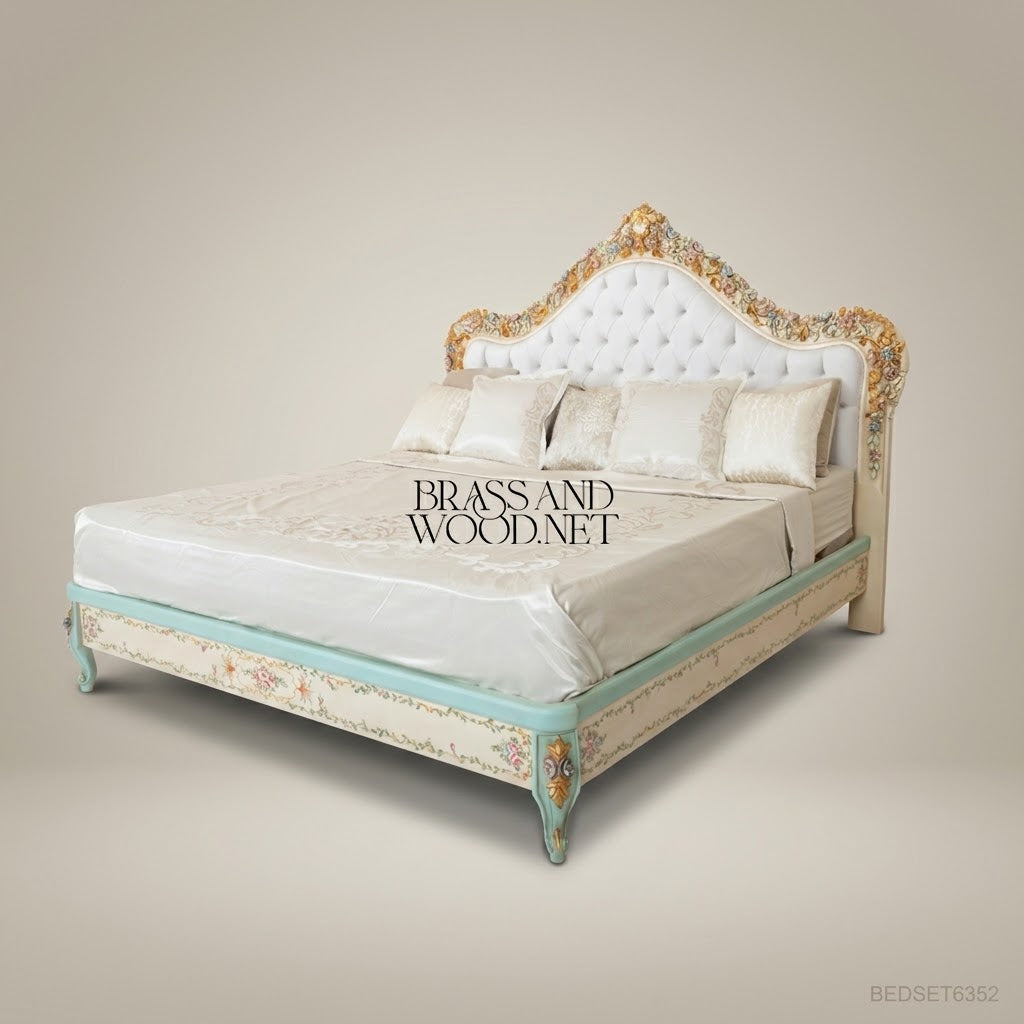 Napoleon III Rococo Revival Hand-Painted King Bed with Gold-Leaf Carved Crest & Tufted Headboard