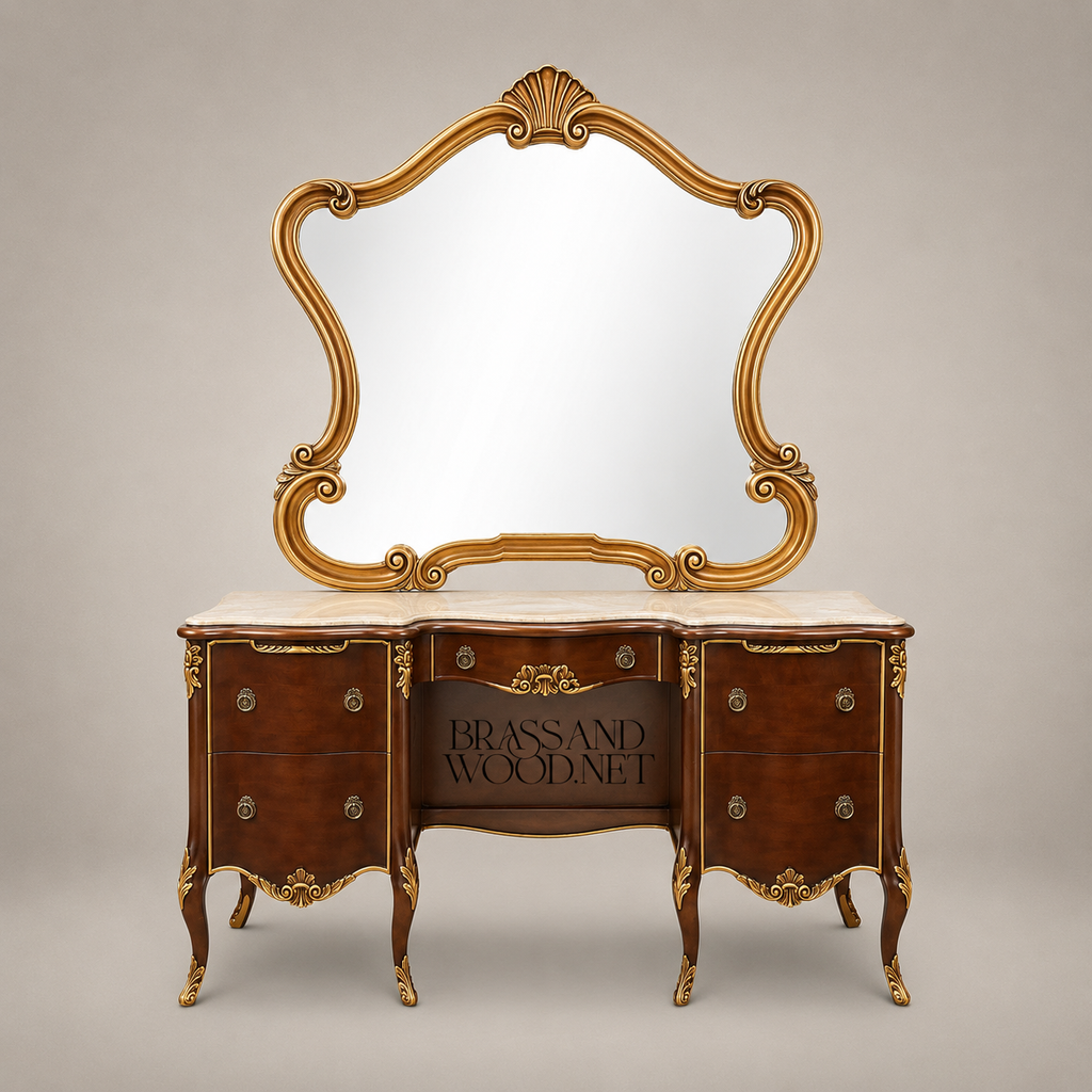 Napoleon III Rococo Revival Mahogany Dressing Table with Gilt Shell-Crested Mirror
