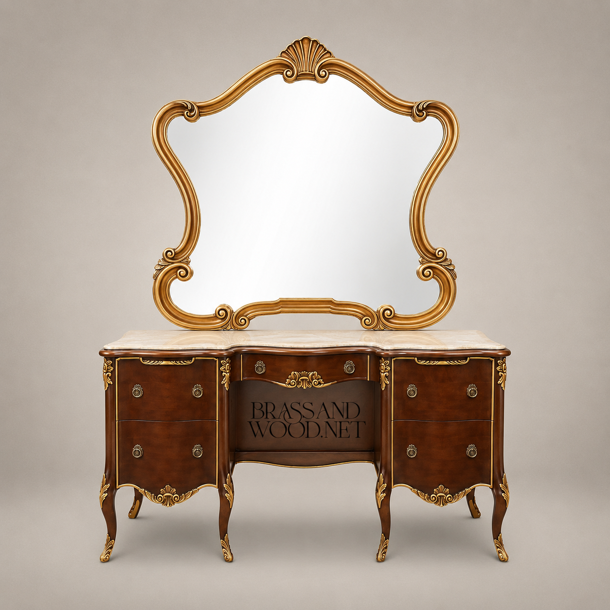 Napoleon III Rococo Revival Mahogany Dressing Table with Gilt Shell-Crested Mirror