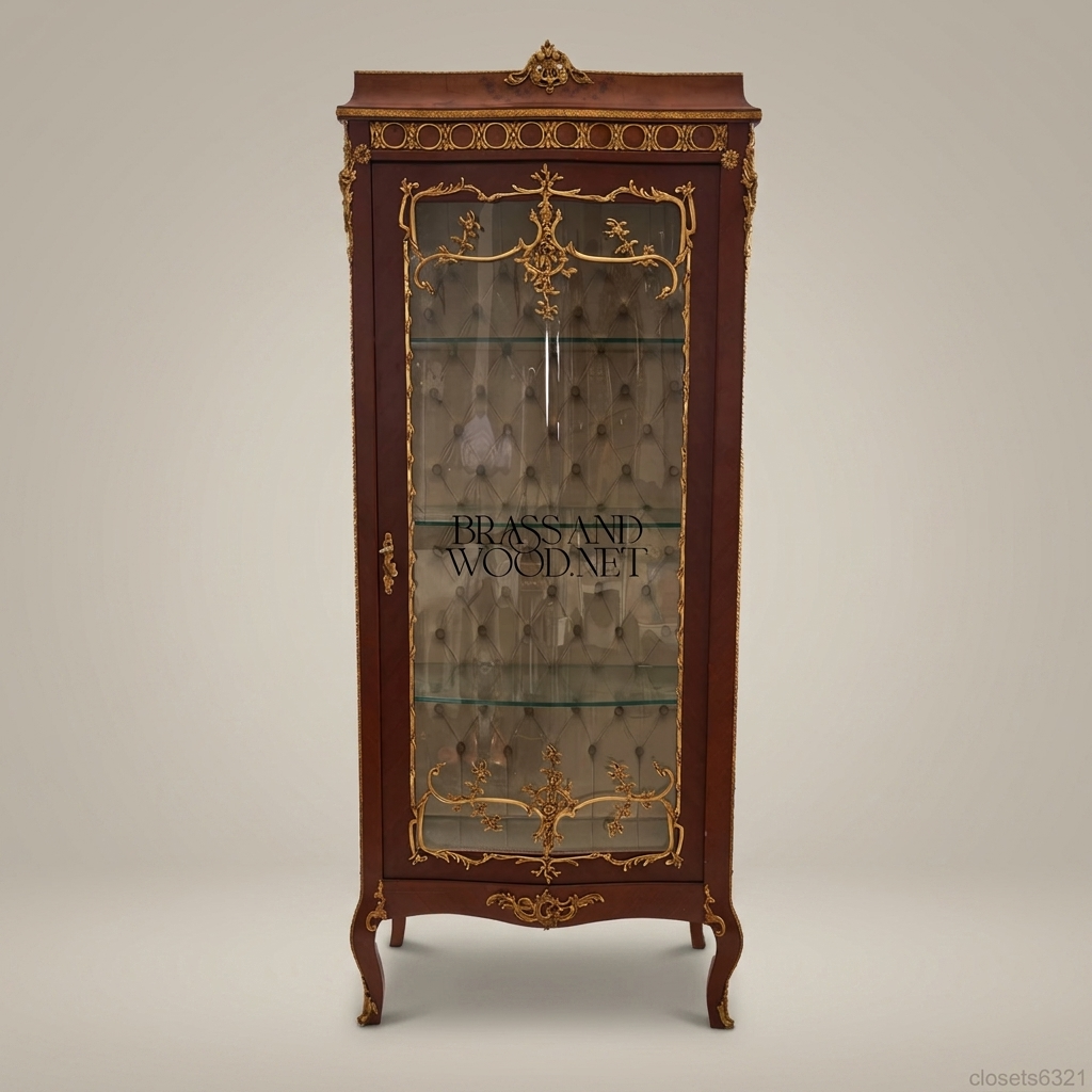 Napoleon III Rococo Revival Mahogany Single-Door Vitrine with Gilt Bronze Mounts & Capitonné Interior