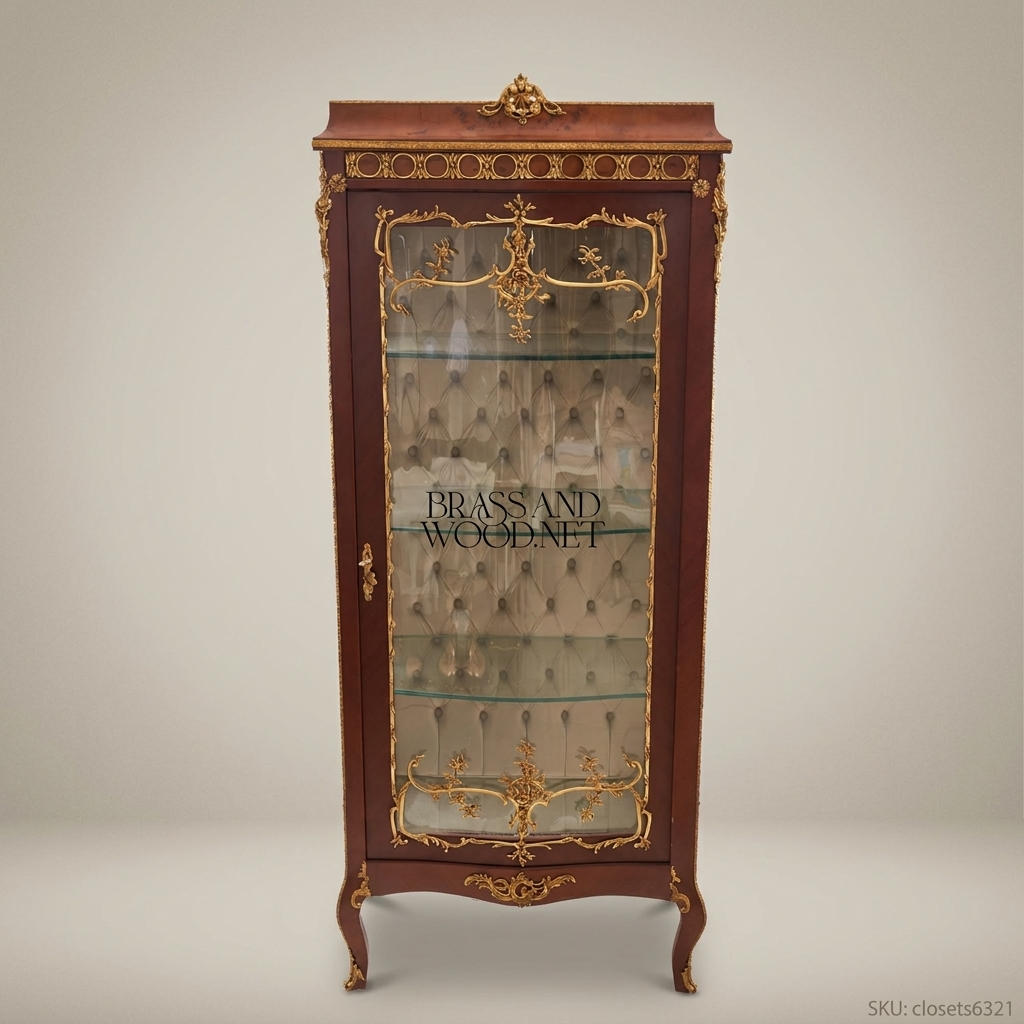 Napoleon III Rococo Revival Mahogany Single-Door Vitrine with Gilt Bronze Mounts & Capitonné Interior