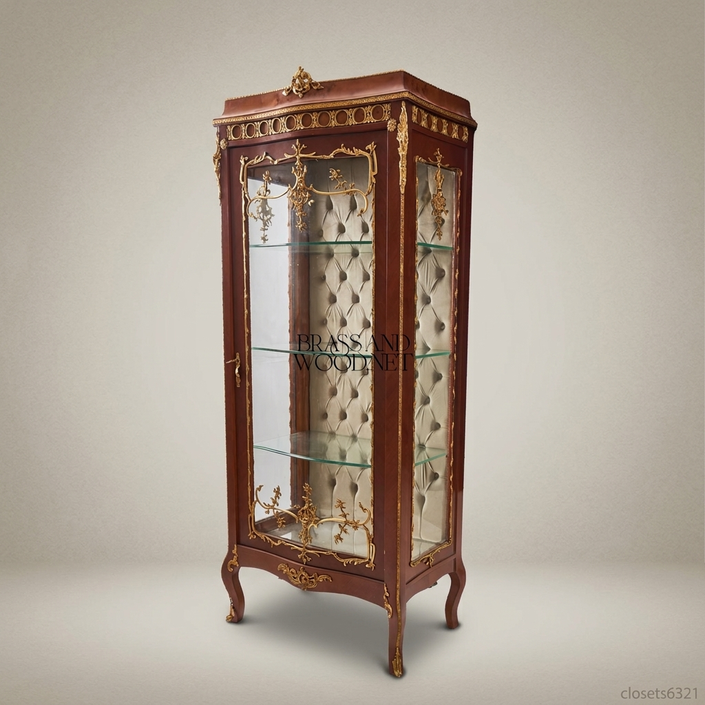 Napoleon III Rococo Revival Mahogany Single-Door Vitrine with Gilt Bronze Mounts & Capitonné Interior