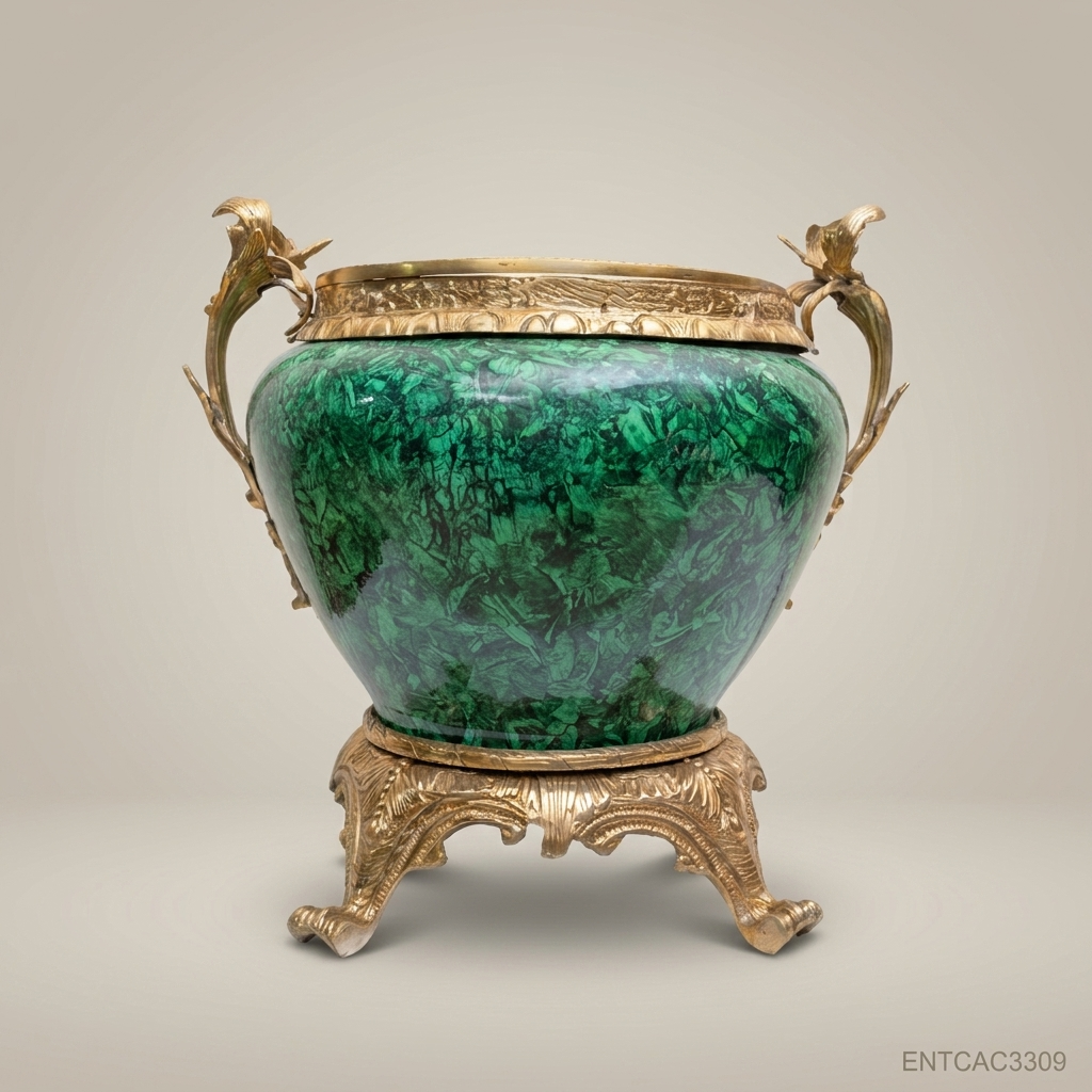 Napoleon III Rococo Revival Malachite-Finish Jardinière with Antique Gold Acanthus Mounts