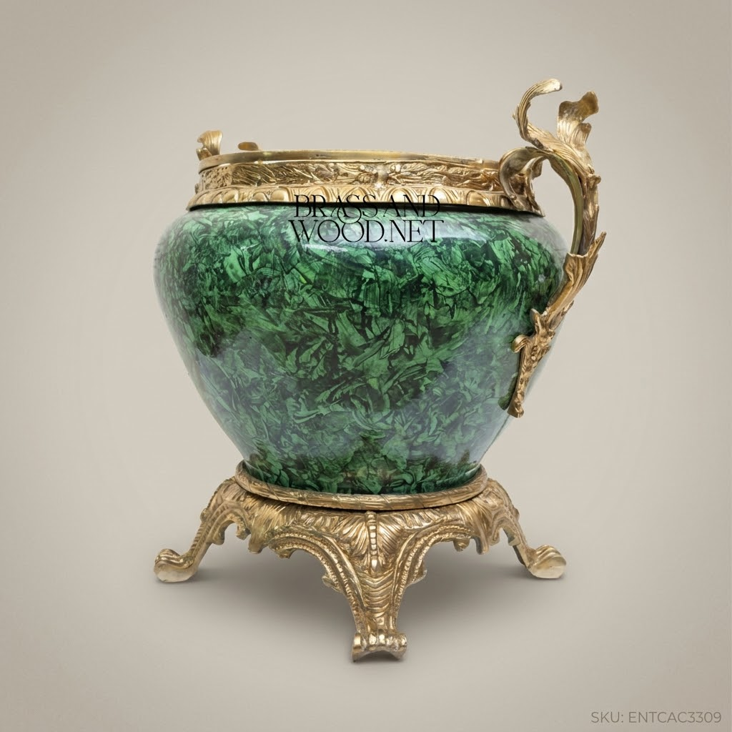 Napoleon III Rococo Revival Malachite-Finish Jardinière with Antique Gold Acanthus Mounts