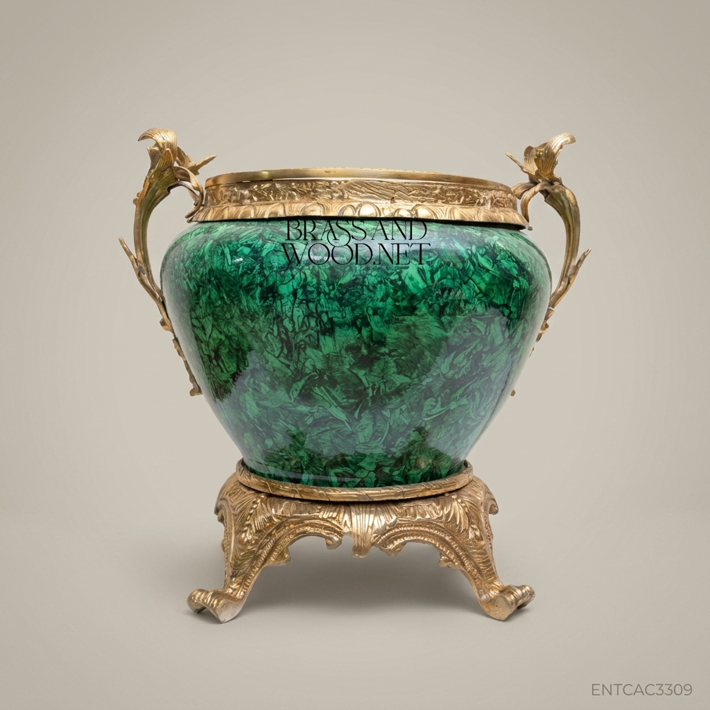 Napoleon III Rococo Revival Malachite-Finish Jardinière with Antique Gold Acanthus Mounts