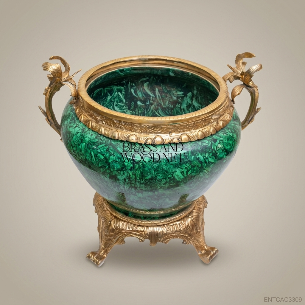 Napoleon III Rococo Revival Malachite-Finish Jardinière with Antique Gold Acanthus Mounts