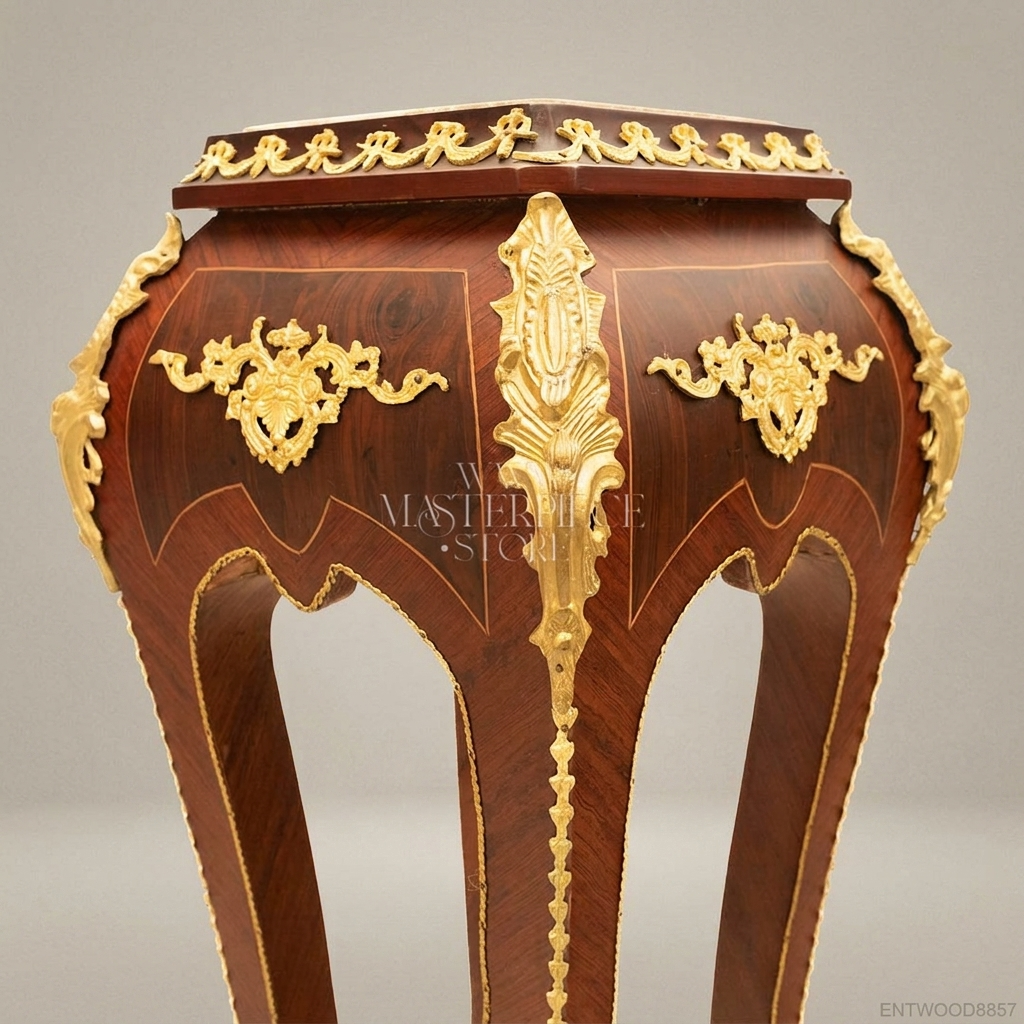 Napoleon III Rococo Revival Marquetry Pedestal Stand with Gilt Bronze Mounts & Marble Top