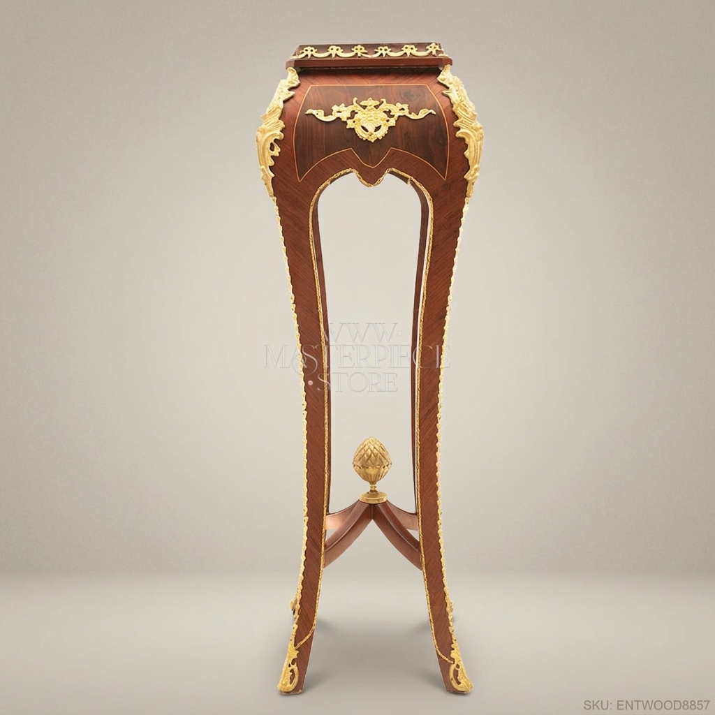Napoleon III Rococo Revival Marquetry Pedestal Stand with Gilt Bronze Mounts & Marble Top