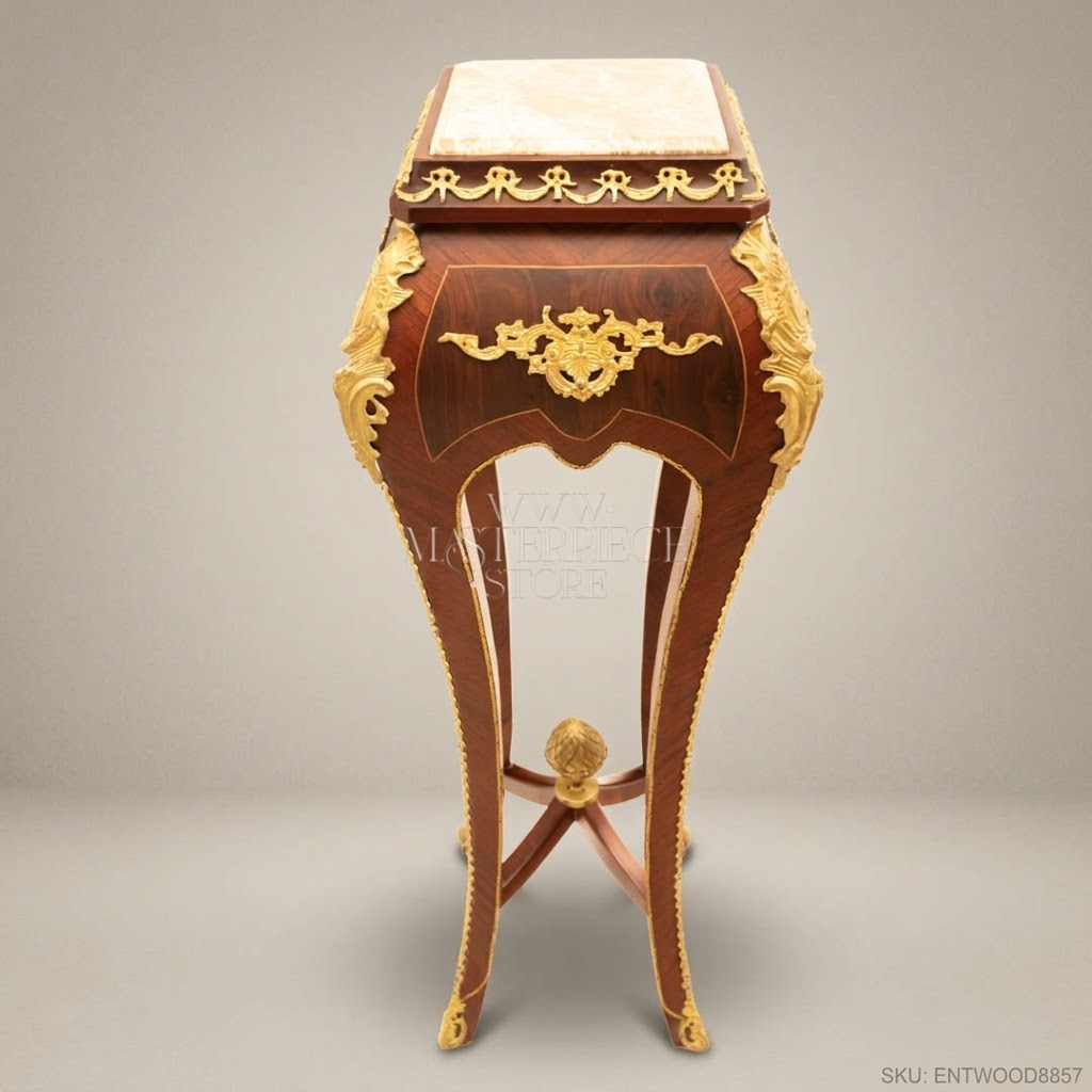 Napoleon III Rococo Revival Marquetry Pedestal Stand with Gilt Bronze Mounts & Marble Top