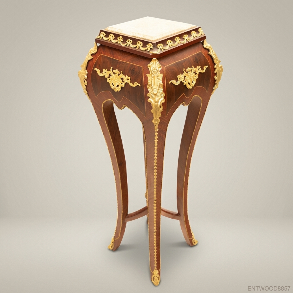 Napoleon III Rococo Revival Marquetry Pedestal Stand with Gilt Bronze Mounts & Marble Top