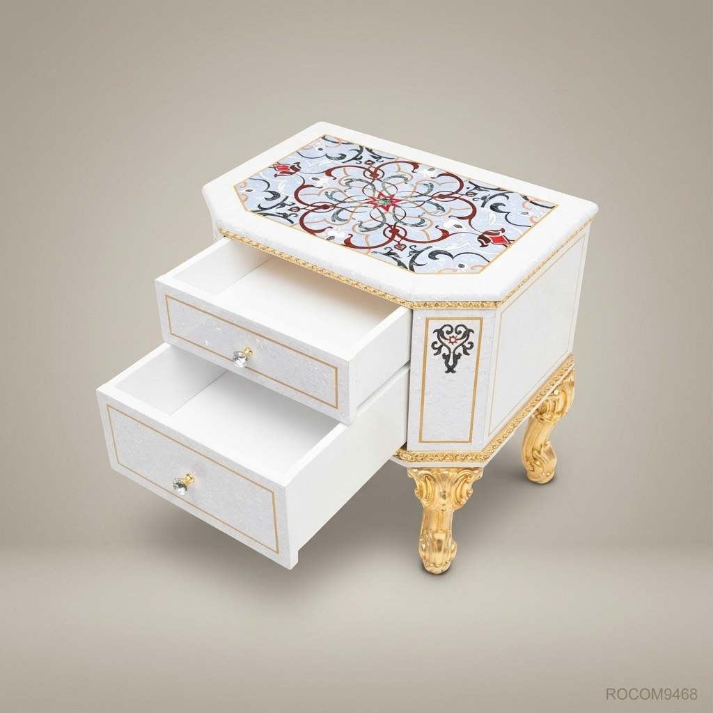 Napoleon III Rococo Revival Nightstand with Pietra Dura Top & Mother-of-Pearl Carcass