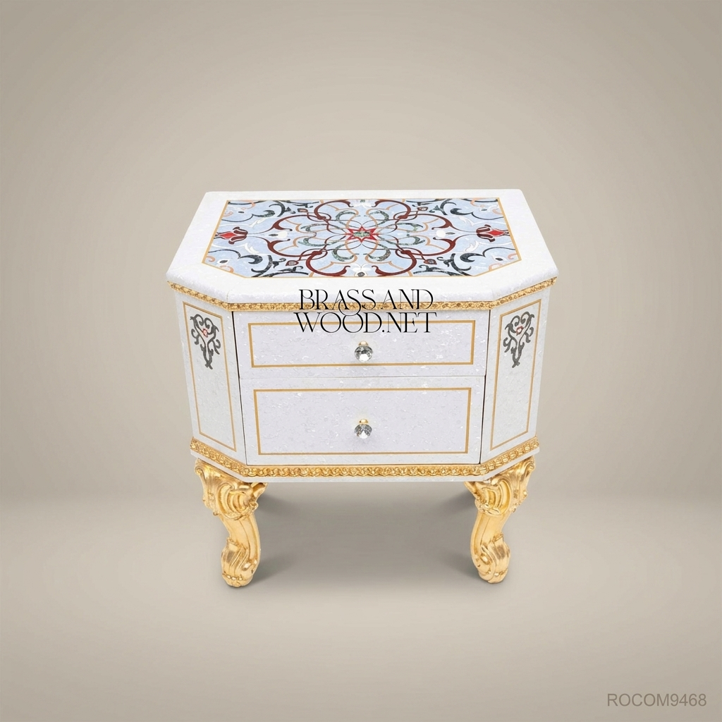 Napoleon III Rococo Revival Nightstand with Pietra Dura Top & Mother-of-Pearl Carcass