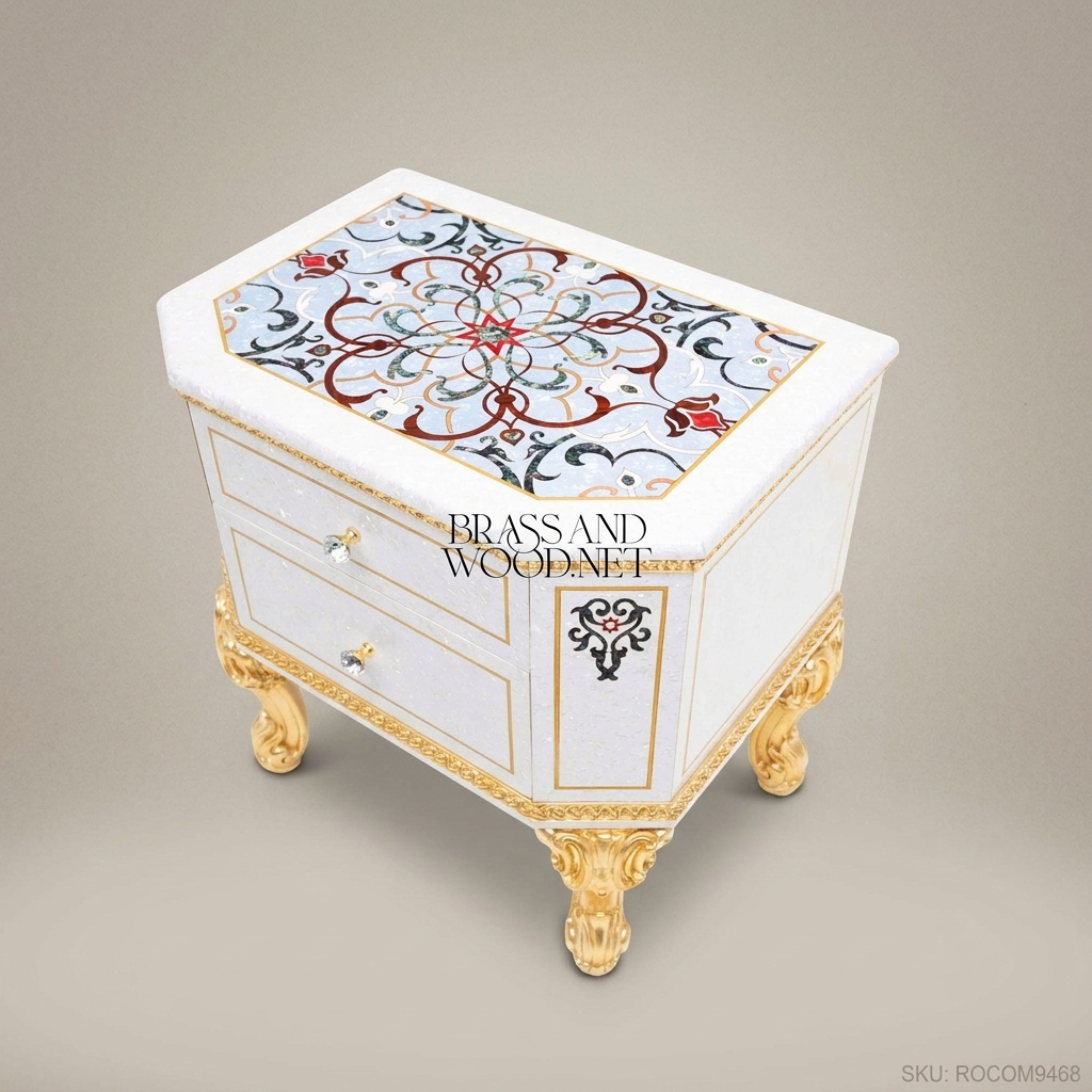 Napoleon III Rococo Revival Nightstand with Pietra Dura Top & Mother-of-Pearl Carcass