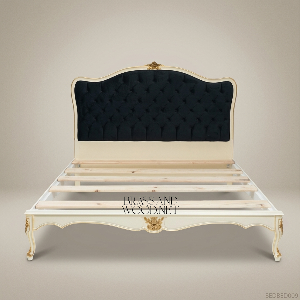 Napoleon III Rococo Revival off-white painted wood bed with black diamond-tufted velvet headboard and gilded carved crest Main View | Brass & Wood