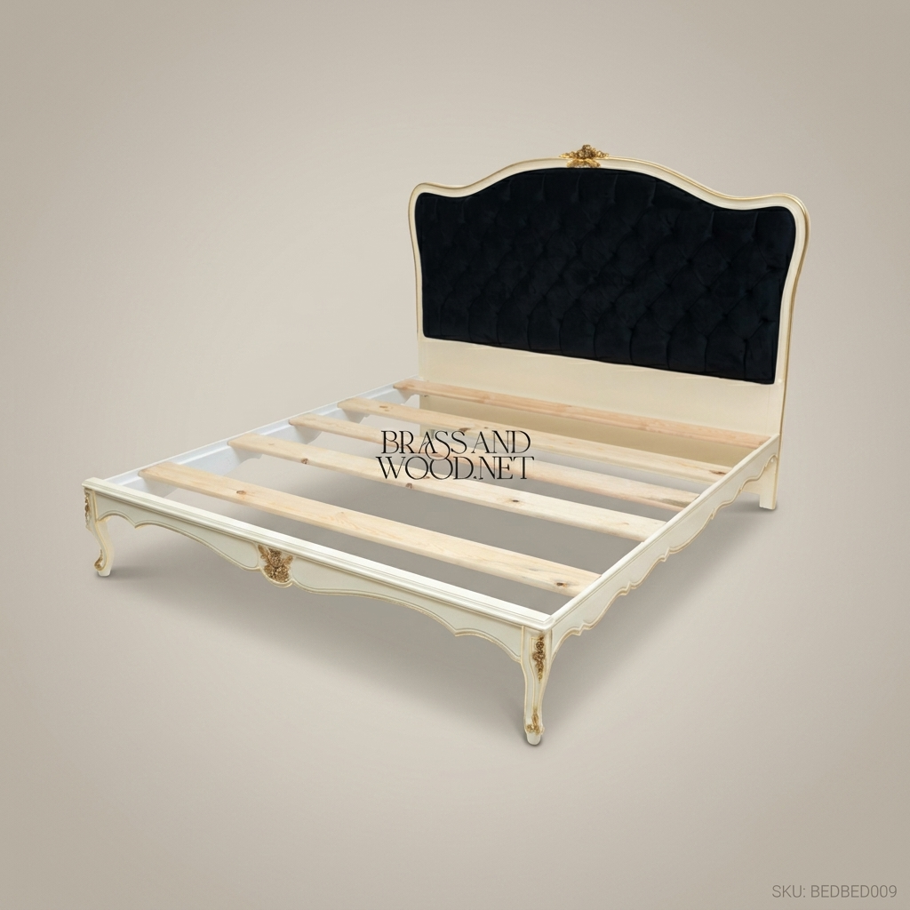 Napoleon III Rococo Revival off-white painted wood bed with black diamond-tufted velvet headboard and gilded carved crest View 2 | Brass & Wood