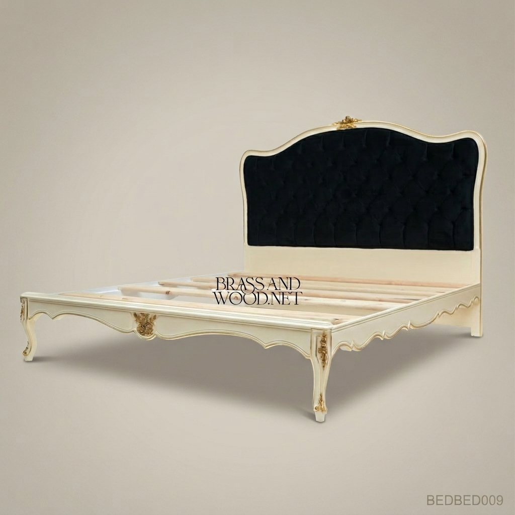 Napoleon III Rococo Revival off-white painted wood bed with black diamond-tufted velvet headboard and gilded carved crest View 3 | Brass & Wood