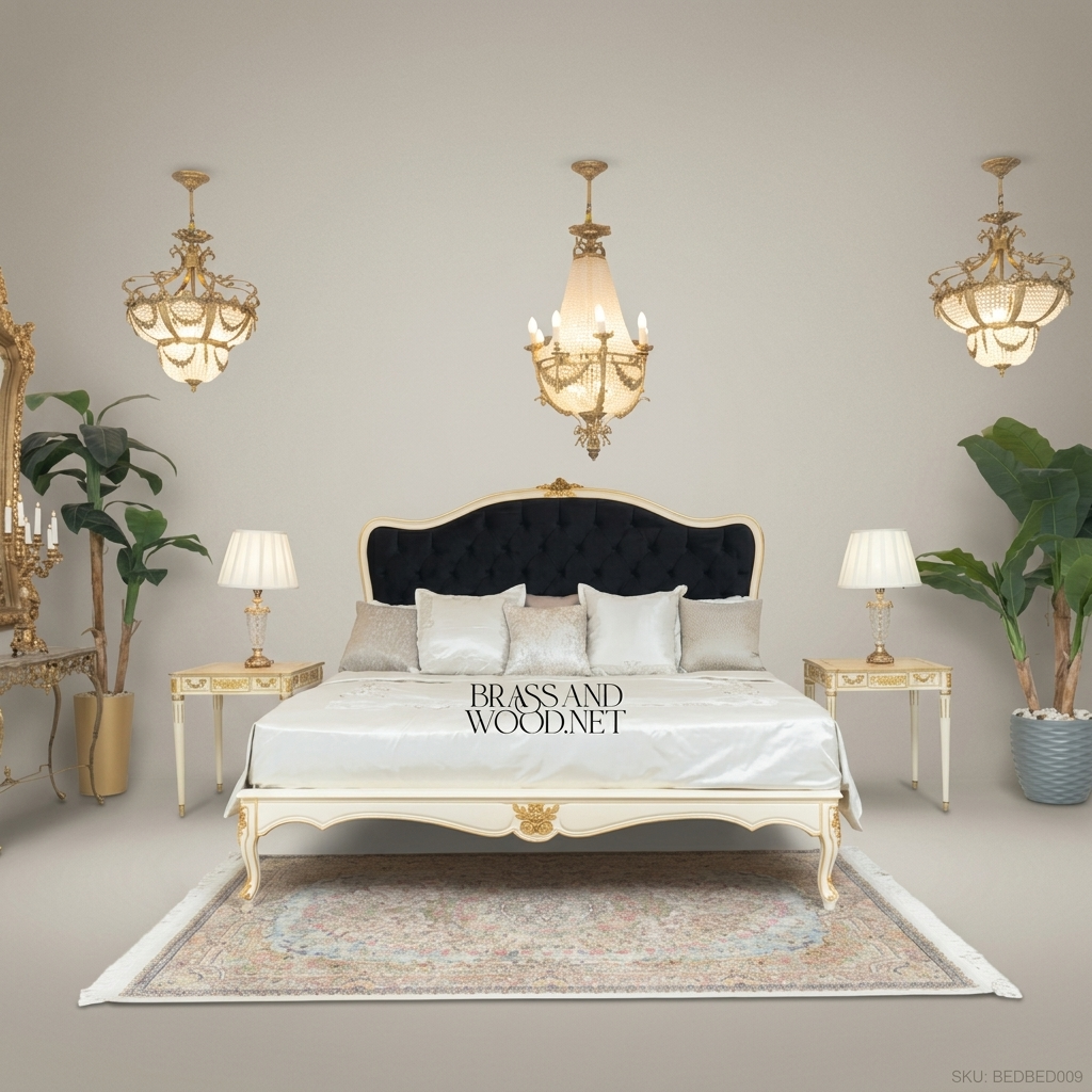 Napoleon III Rococo Revival off-white painted wood bed with black diamond-tufted velvet headboard and gilded carved crest View 4 | Brass & Wood